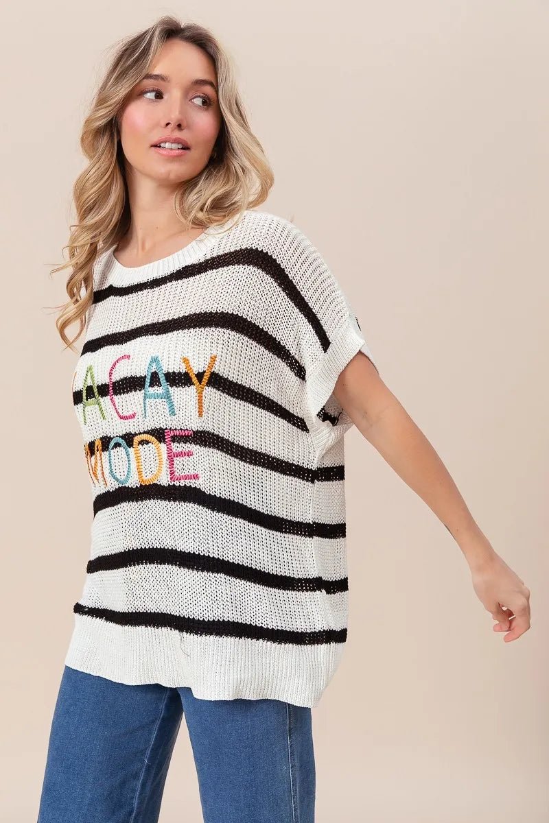 BiBi Vacay Mode Lettering Drop Shoulder Striped Sweater - Bela Fils BoutiqueBela Fils Boutique